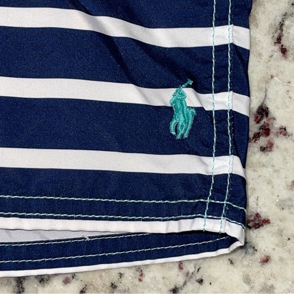 Polo Ralph Lauren Boys Sanibel Navy Striped Swim Trunk Size 7 Aqua Blue Green - Picture 2 of 9